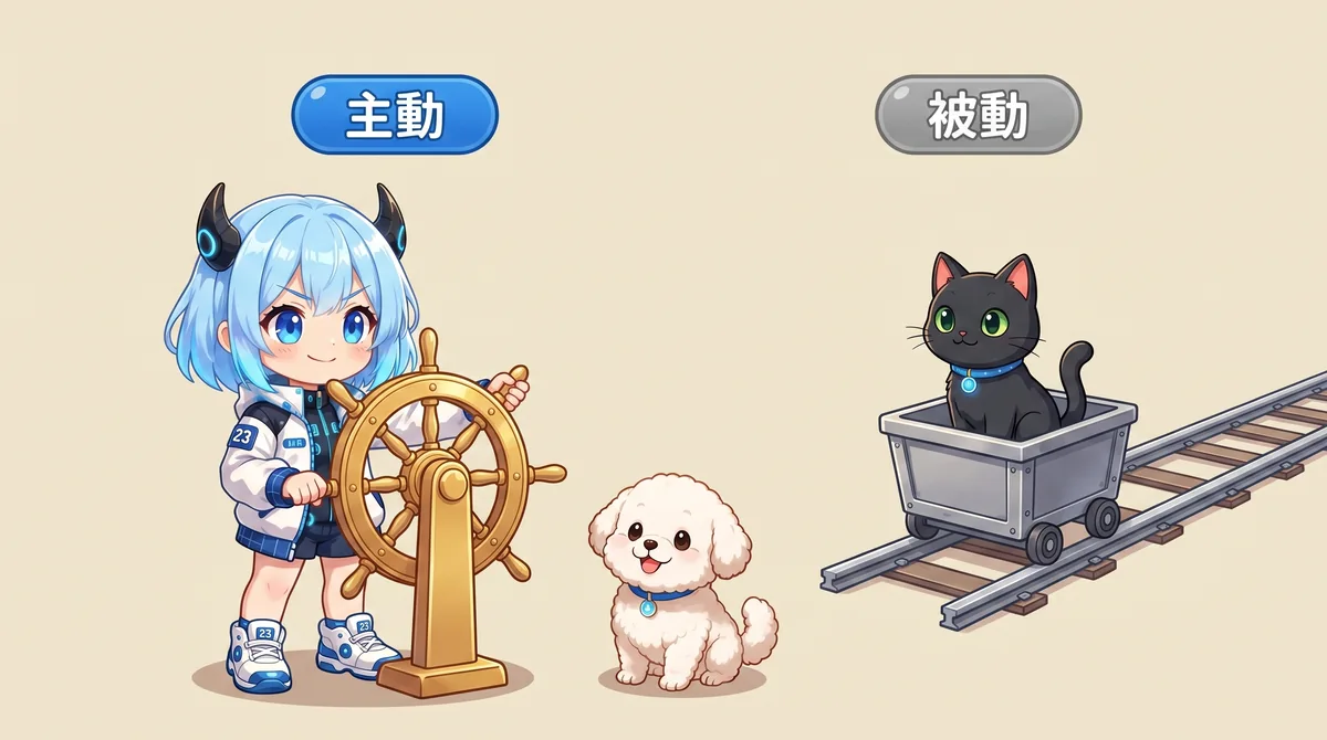 AI 嚮導小女孩手握方向盤主動選股，代表主動型 ETF；一旁黑貓坐在沿著固定軌道自動前進的小車上，代表被動型 ETF；白狗在中間，上方有藍色『主動』與灰色『被動』兩個標籤。