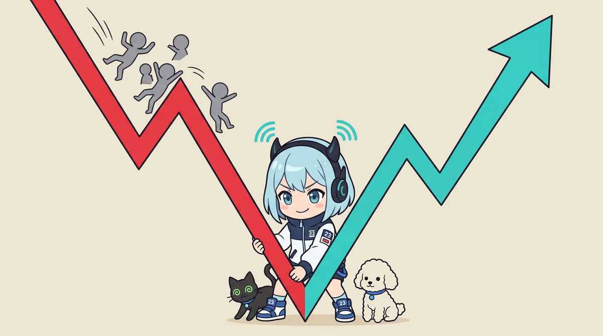 AI 嚮導小女孩站在一個巨大的 V 型走勢圖底部，雙手緊抓著線不放；左邊陡峭的紅色下跌線上有好幾個灰色小人正鬆手墜落，右邊的藍綠色線則一路向右上噴出畫面，黑貓和白貴賓陪在她身邊。